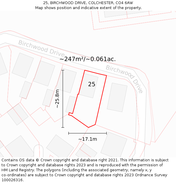 25, BIRCHWOOD DRIVE, COLCHESTER, CO4 6AW: Plot and title map