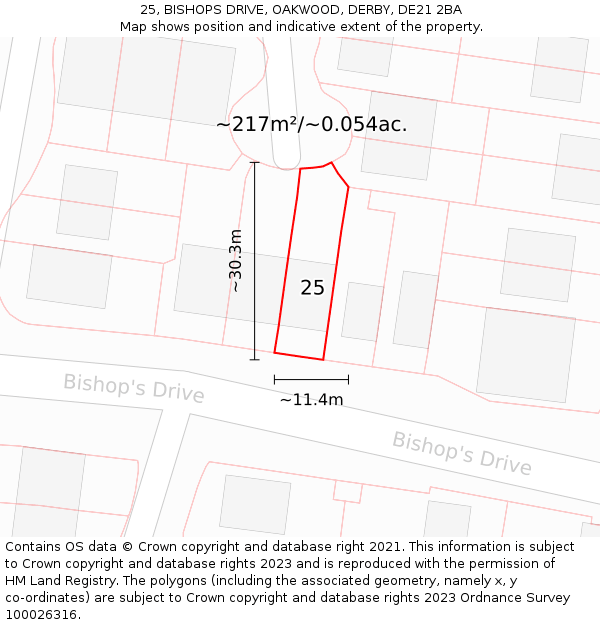 25, BISHOPS DRIVE, OAKWOOD, DERBY, DE21 2BA: Plot and title map