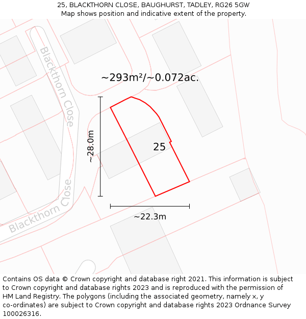 25, BLACKTHORN CLOSE, BAUGHURST, TADLEY, RG26 5GW: Plot and title map