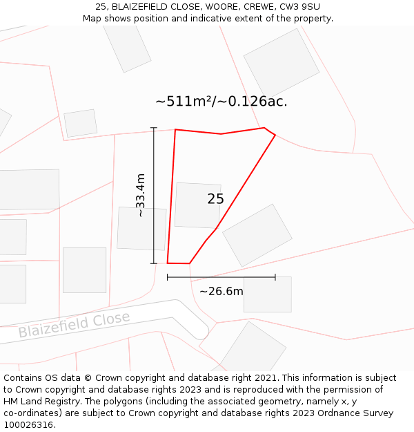 25, BLAIZEFIELD CLOSE, WOORE, CREWE, CW3 9SU: Plot and title map