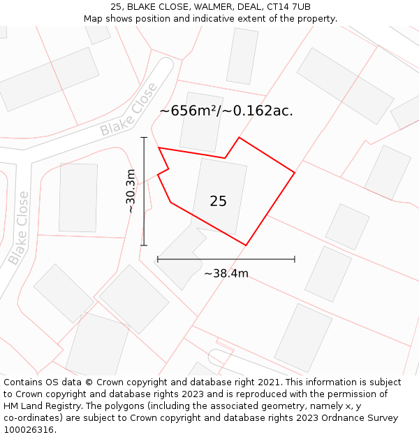 25, BLAKE CLOSE, WALMER, DEAL, CT14 7UB: Plot and title map