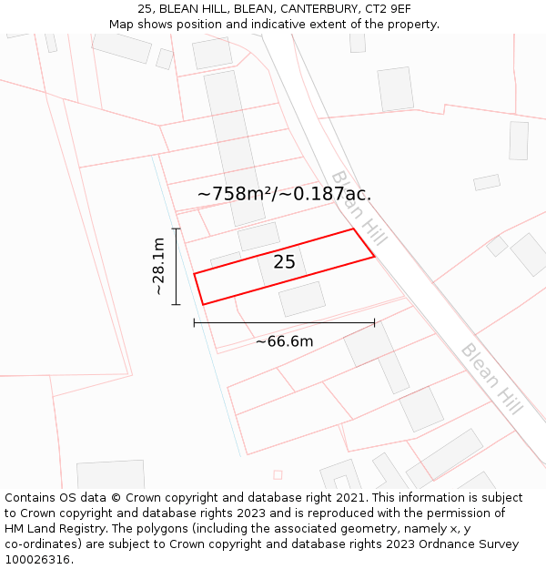 25, BLEAN HILL, BLEAN, CANTERBURY, CT2 9EF: Plot and title map