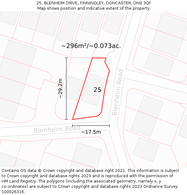 25, BLENHEIM DRIVE, FINNINGLEY, DONCASTER, DN9 3QF: Plot and title map
