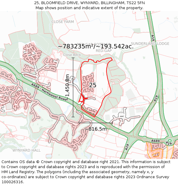 25, BLOOMFIELD DRIVE, WYNYARD, BILLINGHAM, TS22 5FN: Plot and title map