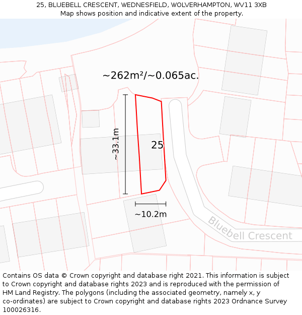 25, BLUEBELL CRESCENT, WEDNESFIELD, WOLVERHAMPTON, WV11 3XB: Plot and title map