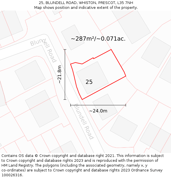 25, BLUNDELL ROAD, WHISTON, PRESCOT, L35 7NH: Plot and title map