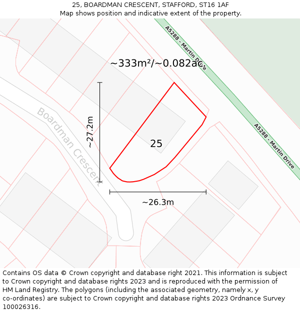 25, BOARDMAN CRESCENT, STAFFORD, ST16 1AF: Plot and title map