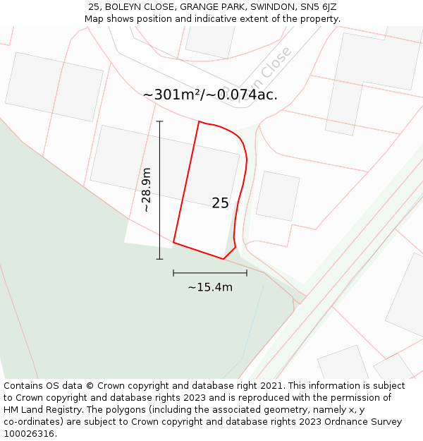 25, BOLEYN CLOSE, GRANGE PARK, SWINDON, SN5 6JZ: Plot and title map