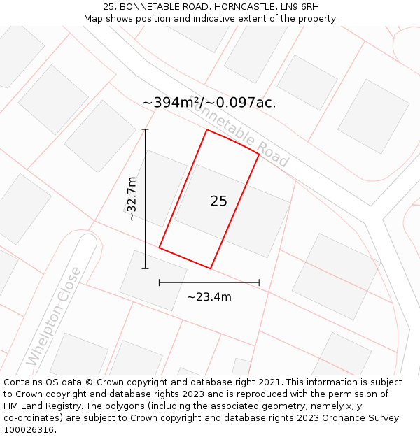 25, BONNETABLE ROAD, HORNCASTLE, LN9 6RH: Plot and title map