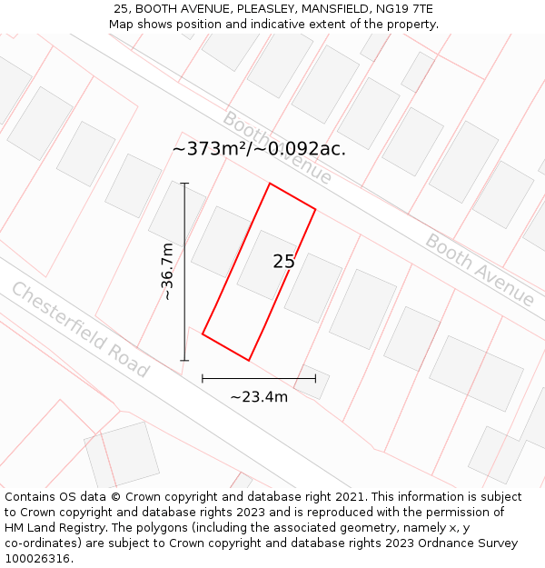 25, BOOTH AVENUE, PLEASLEY, MANSFIELD, NG19 7TE: Plot and title map