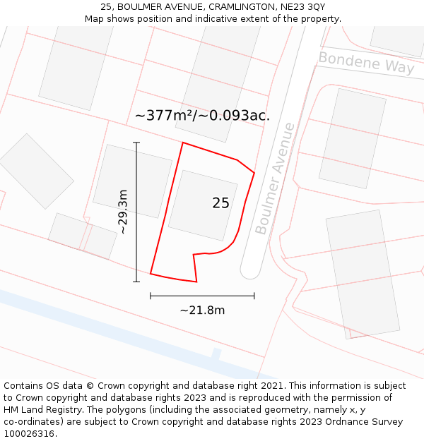 25, BOULMER AVENUE, CRAMLINGTON, NE23 3QY: Plot and title map