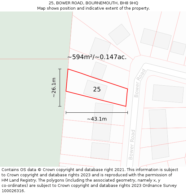 25, BOWER ROAD, BOURNEMOUTH, BH8 9HQ: Plot and title map