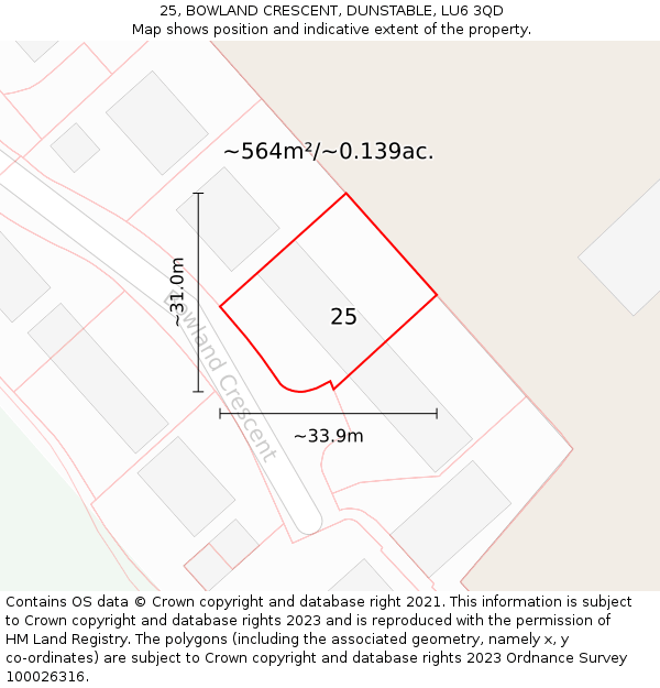 25, BOWLAND CRESCENT, DUNSTABLE, LU6 3QD: Plot and title map