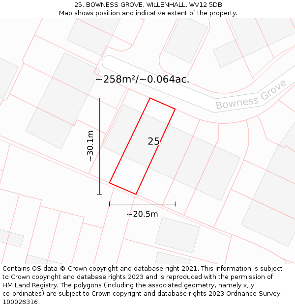 25, BOWNESS GROVE, WILLENHALL, WV12 5DB: Plot and title map