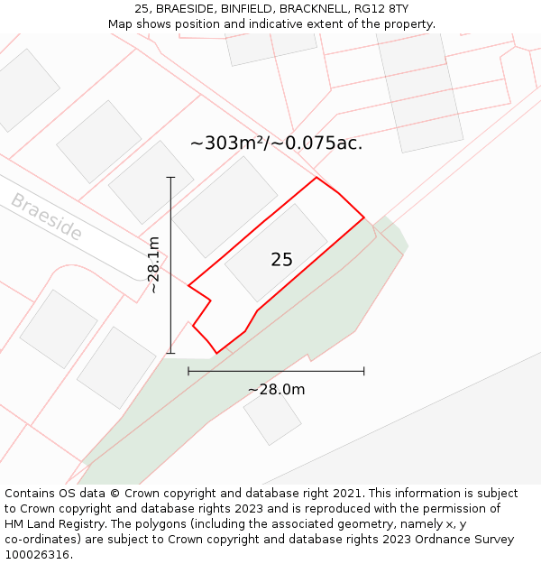 25, BRAESIDE, BINFIELD, BRACKNELL, RG12 8TY: Plot and title map