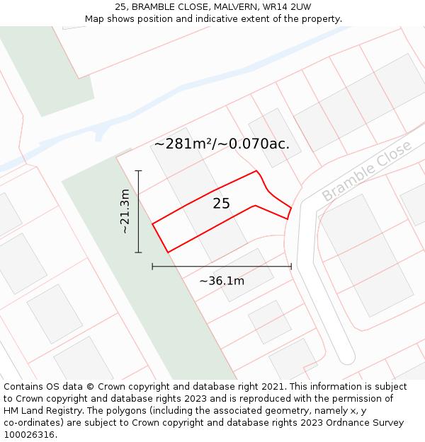 25, BRAMBLE CLOSE, MALVERN, WR14 2UW: Plot and title map