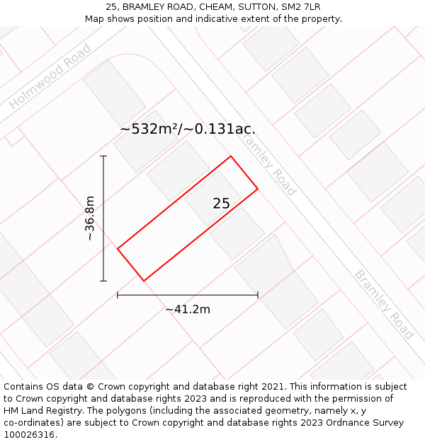 25, BRAMLEY ROAD, CHEAM, SUTTON, SM2 7LR: Plot and title map