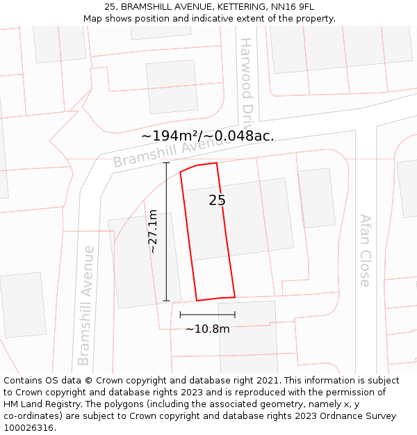 25, BRAMSHILL AVENUE, KETTERING, NN16 9FL: Plot and title map