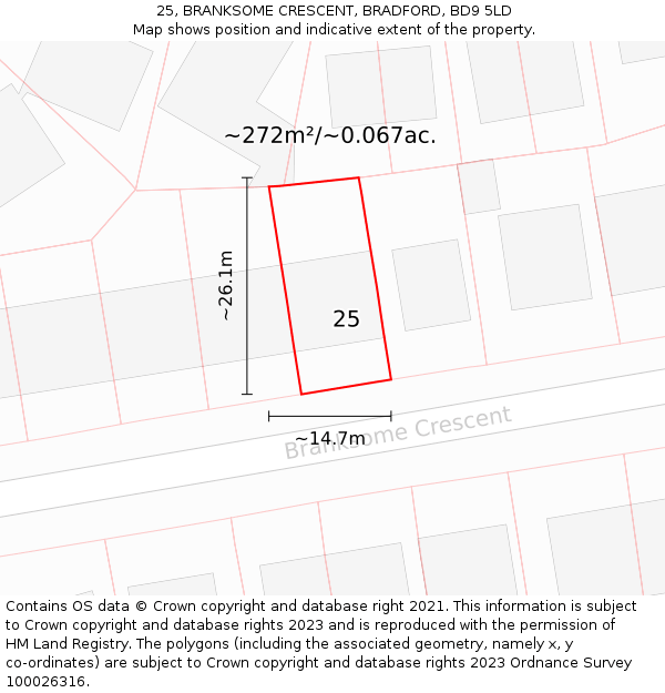 25, BRANKSOME CRESCENT, BRADFORD, BD9 5LD: Plot and title map