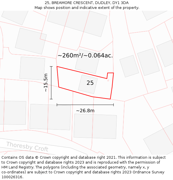 25, BREAMORE CRESCENT, DUDLEY, DY1 3DA: Plot and title map