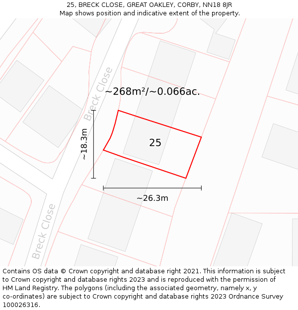 25, BRECK CLOSE, GREAT OAKLEY, CORBY, NN18 8JR: Plot and title map