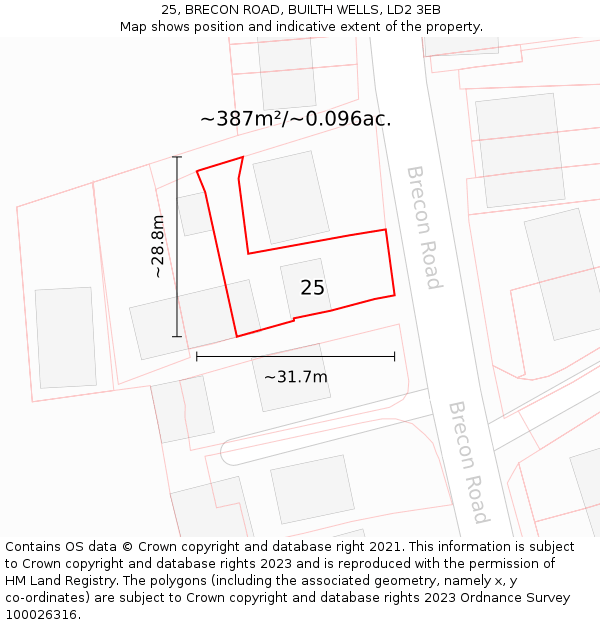 25, BRECON ROAD, BUILTH WELLS, LD2 3EB: Plot and title map