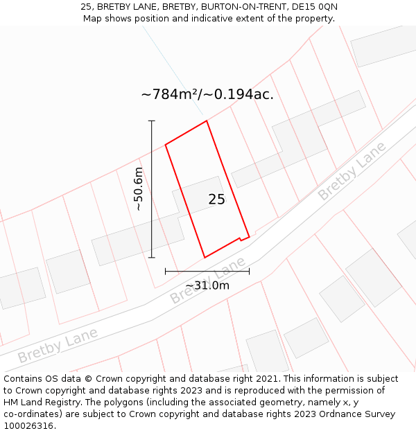 25, BRETBY LANE, BRETBY, BURTON-ON-TRENT, DE15 0QN: Plot and title map