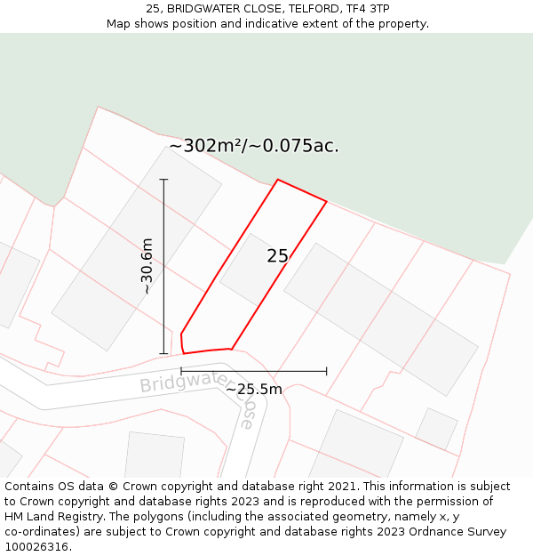 25, BRIDGWATER CLOSE, TELFORD, TF4 3TP: Plot and title map