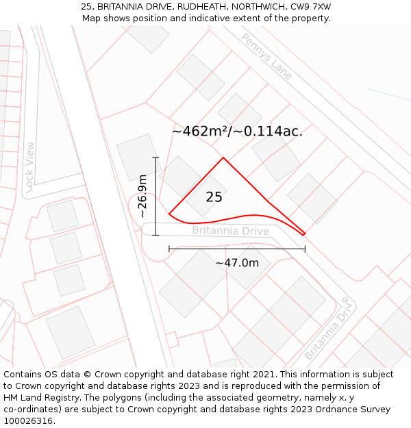 25, BRITANNIA DRIVE, RUDHEATH, NORTHWICH, CW9 7XW: Plot and title map