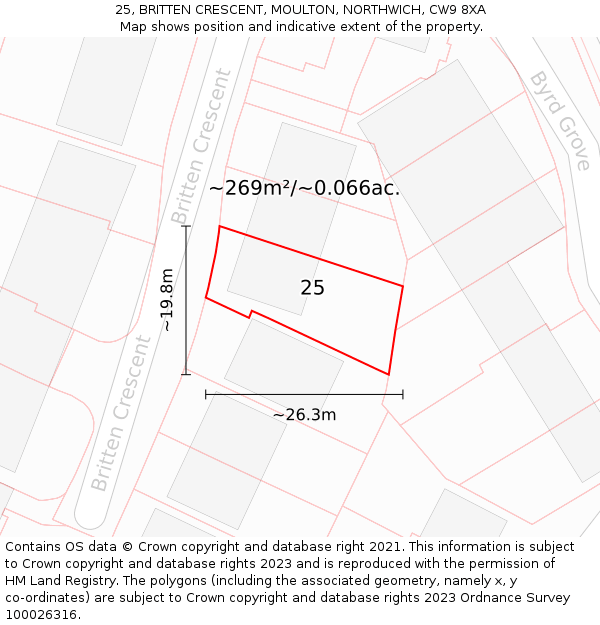 25, BRITTEN CRESCENT, MOULTON, NORTHWICH, CW9 8XA: Plot and title map