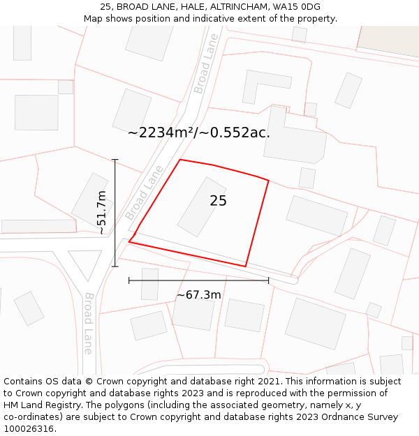 25, BROAD LANE, HALE, ALTRINCHAM, WA15 0DG: Plot and title map