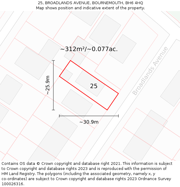 25, BROADLANDS AVENUE, BOURNEMOUTH, BH6 4HQ: Plot and title map
