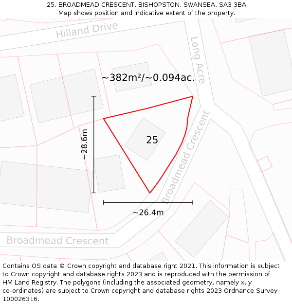 25, BROADMEAD CRESCENT, BISHOPSTON, SWANSEA, SA3 3BA: Plot and title map