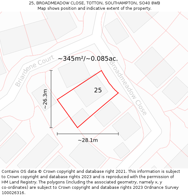 25, BROADMEADOW CLOSE, TOTTON, SOUTHAMPTON, SO40 8WB: Plot and title map