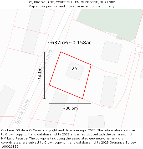 25, BROOK LANE, CORFE MULLEN, WIMBORNE, BH21 3RD: Plot and title map