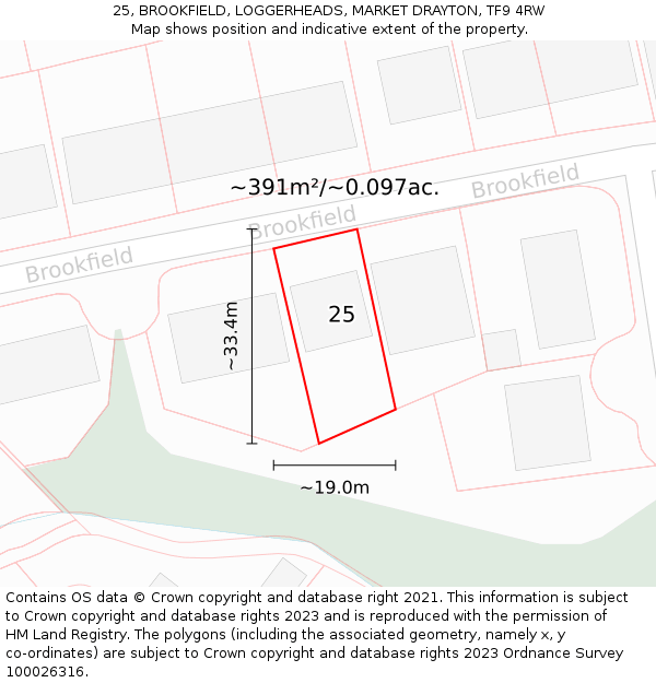 25, BROOKFIELD, LOGGERHEADS, MARKET DRAYTON, TF9 4RW: Plot and title map