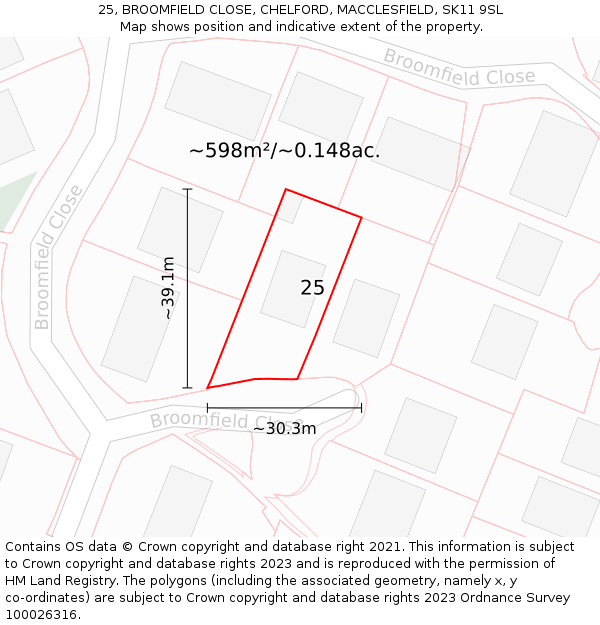 25, BROOMFIELD CLOSE, CHELFORD, MACCLESFIELD, SK11 9SL: Plot and title map