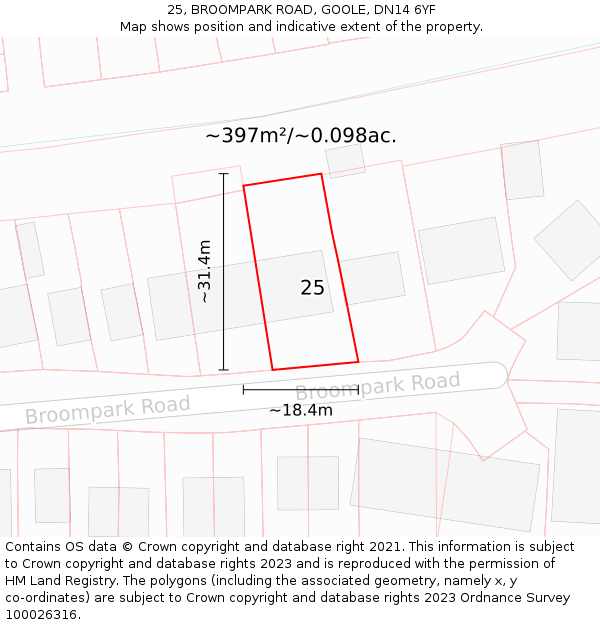 25, BROOMPARK ROAD, GOOLE, DN14 6YF: Plot and title map