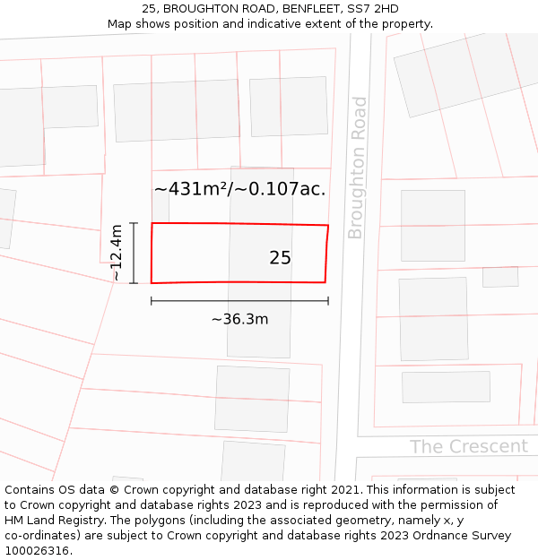 25, BROUGHTON ROAD, BENFLEET, SS7 2HD: Plot and title map
