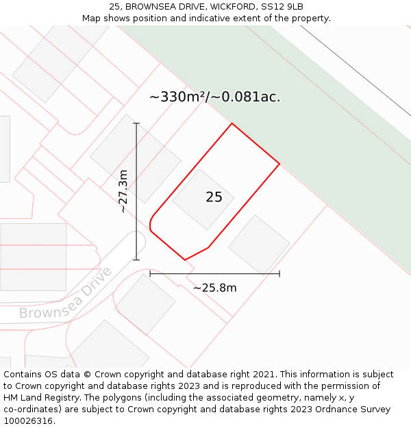 25, BROWNSEA DRIVE, WICKFORD, SS12 9LB: Plot and title map
