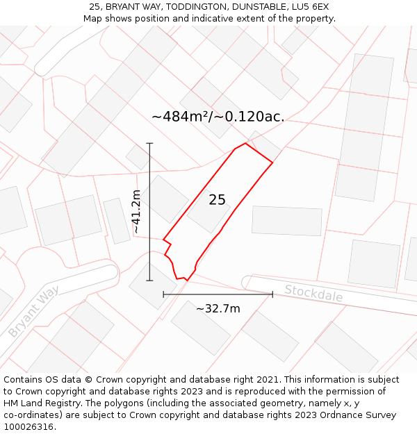 25, BRYANT WAY, TODDINGTON, DUNSTABLE, LU5 6EX: Plot and title map