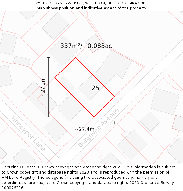 25, BURGOYNE AVENUE, WOOTTON, BEDFORD, MK43 9RE: Plot and title map