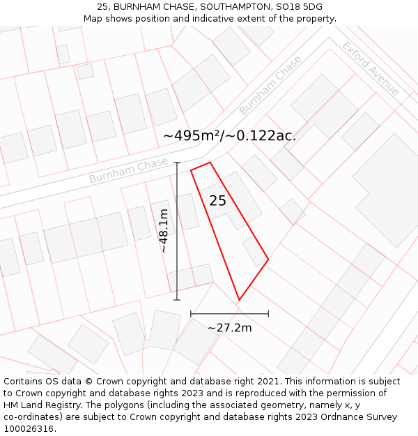 25, BURNHAM CHASE, SOUTHAMPTON, SO18 5DG: Plot and title map