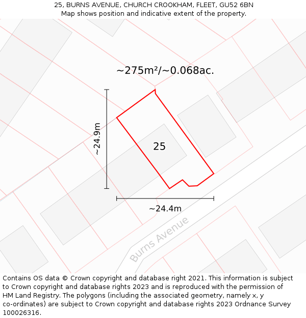 25, BURNS AVENUE, CHURCH CROOKHAM, FLEET, GU52 6BN: Plot and title map