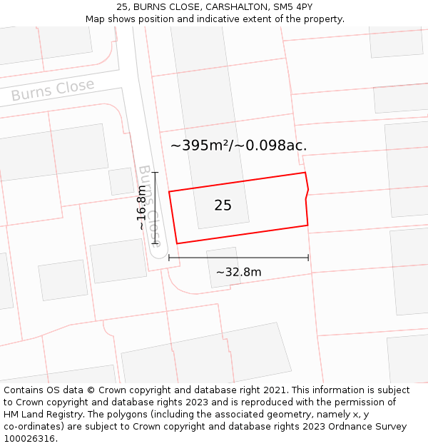 25, BURNS CLOSE, CARSHALTON, SM5 4PY: Plot and title map