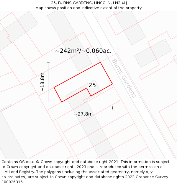 25, BURNS GARDENS, LINCOLN, LN2 4LJ: Plot and title map