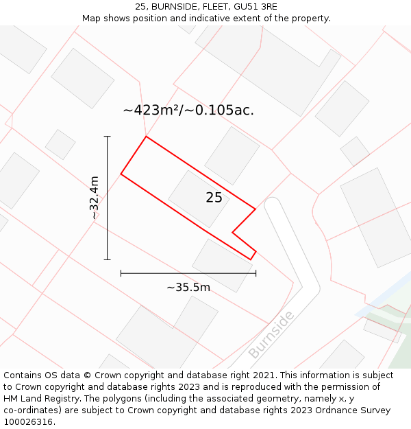 25, BURNSIDE, FLEET, GU51 3RE: Plot and title map