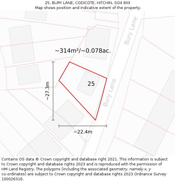 25, BURY LANE, CODICOTE, HITCHIN, SG4 8XX: Plot and title map
