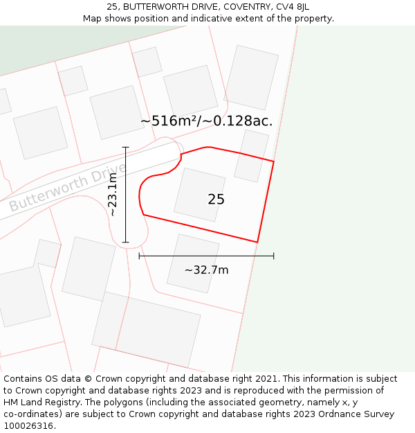 25, BUTTERWORTH DRIVE, COVENTRY, CV4 8JL: Plot and title map