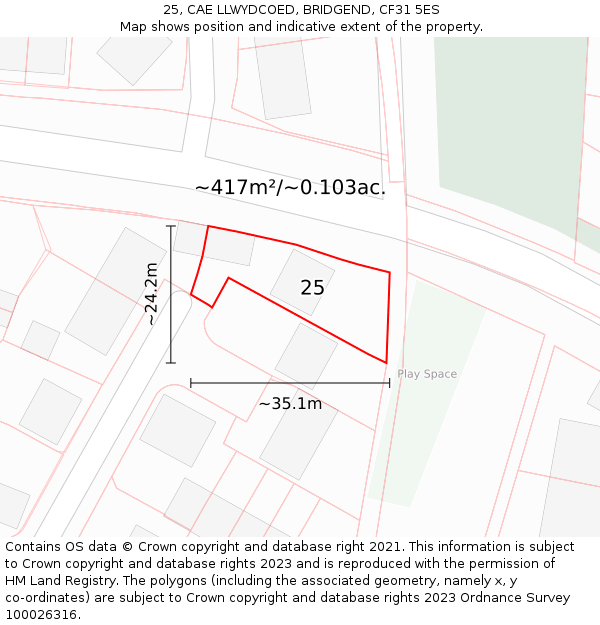 25, CAE LLWYDCOED, BRIDGEND, CF31 5ES: Plot and title map